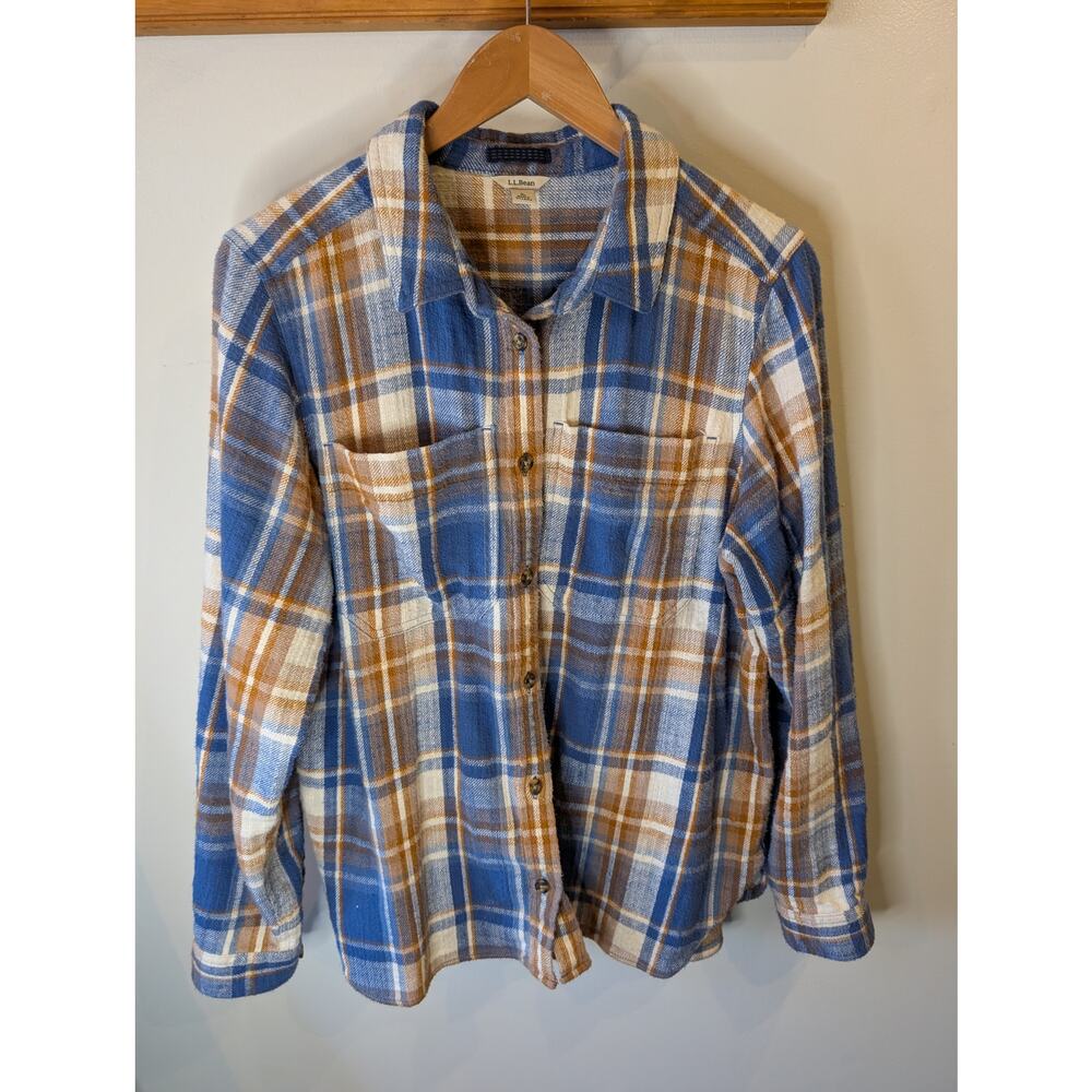 L.L. Bean Women's Flannel Shirt Blue Camel Plaid Button Down Large Regular - Picture 6 of 8